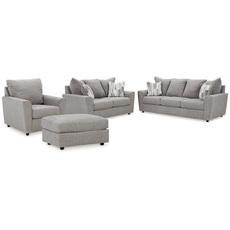 Szary 4-częściowy tapicerowany zestaw do salonu, sofa, kanapa, fotel i otoman