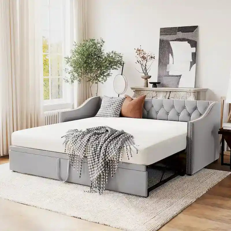 Podwójne tapicerowane łóżko-sofa z wysuwanym stelażem, szare