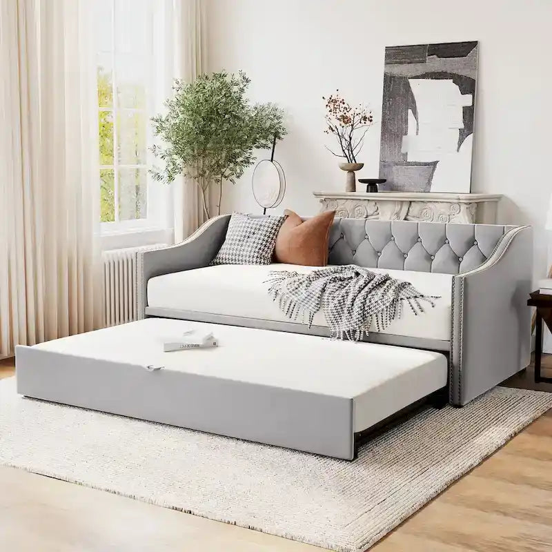 Podwójne tapicerowane łóżko-sofa z wysuwanym stelażem, szare