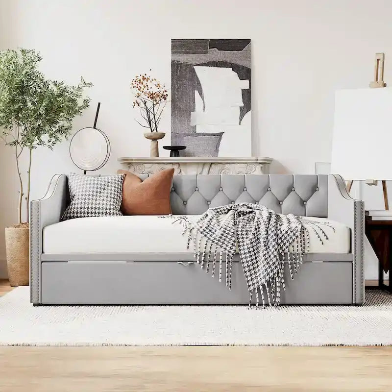 Podwójne tapicerowane łóżko-sofa z wysuwanym stelażem, szare