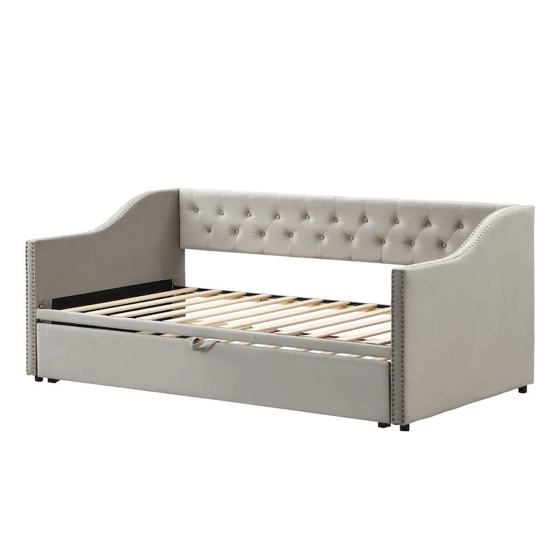 Podwójne tapicerowane łóżko-sofa z wysuwanym stelażem, szare