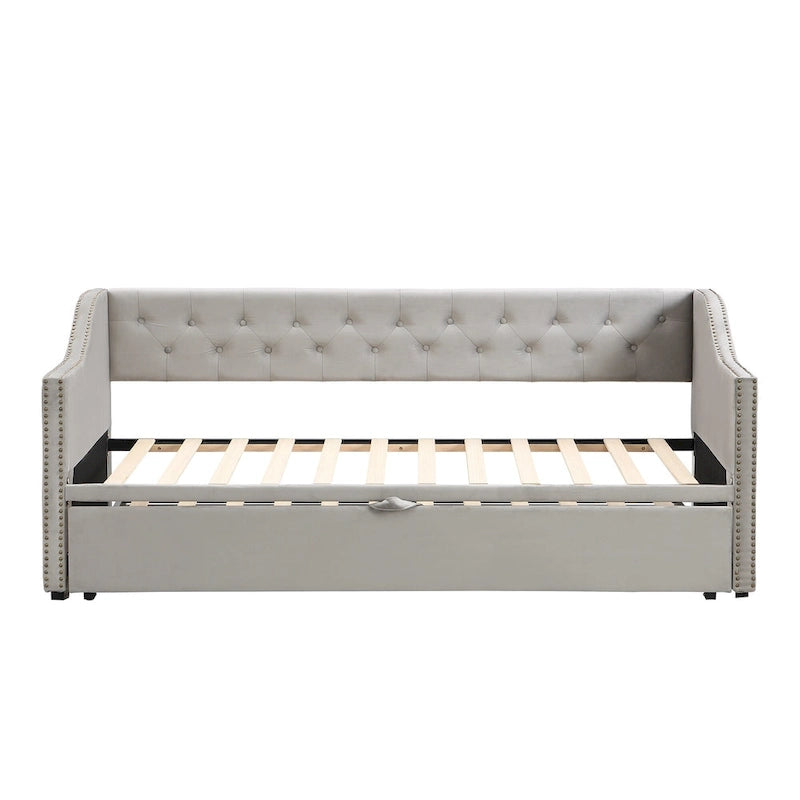Podwójne tapicerowane łóżko-sofa z wysuwanym stelażem, szare