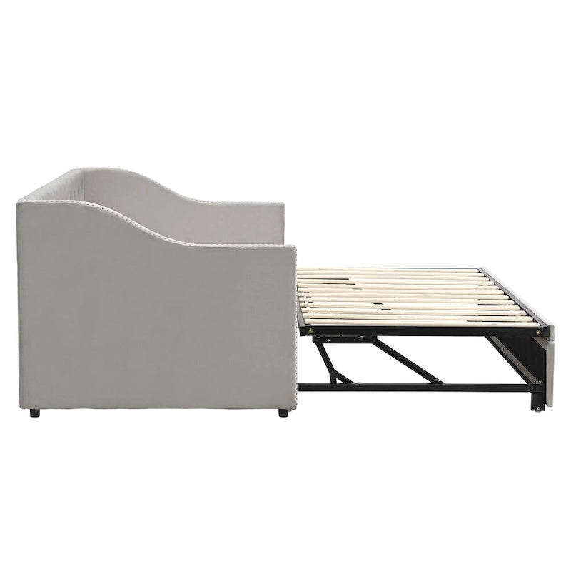 Podwójne tapicerowane łóżko-sofa z wysuwanym stelażem, szare