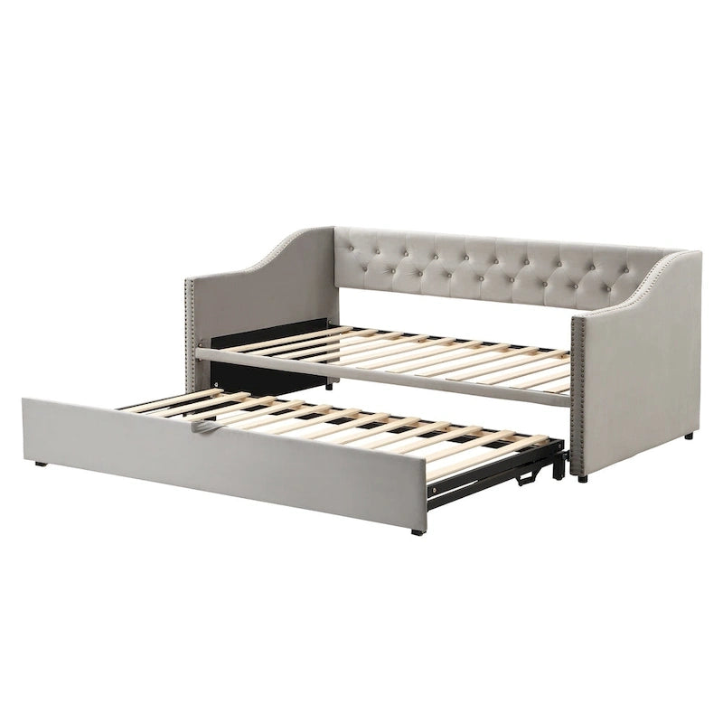 Podwójne tapicerowane łóżko-sofa z wysuwanym stelażem, szare