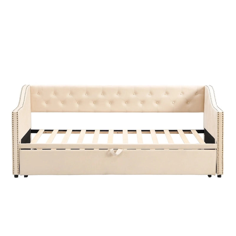 Podwójne tapicerowane łóżko-sofa z wysuwanym stelażem, szare