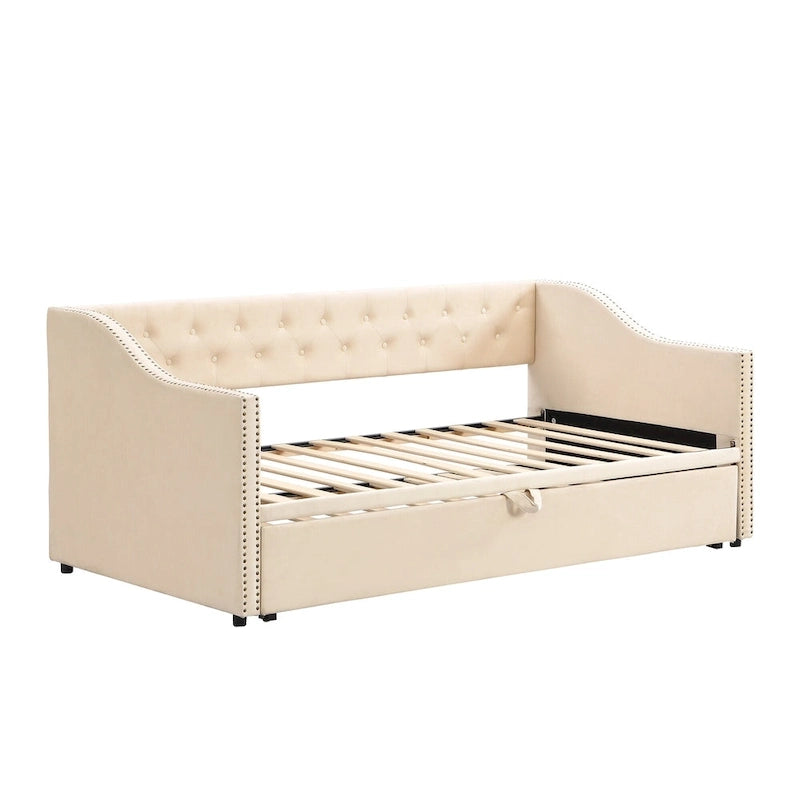 Podwójne tapicerowane łóżko-sofa z wysuwanym stelażem, szare