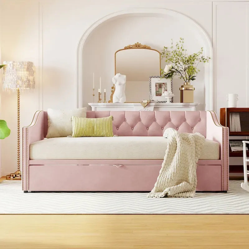 Podwójne tapicerowane łóżko-sofa z wysuwanym stelażem, szare