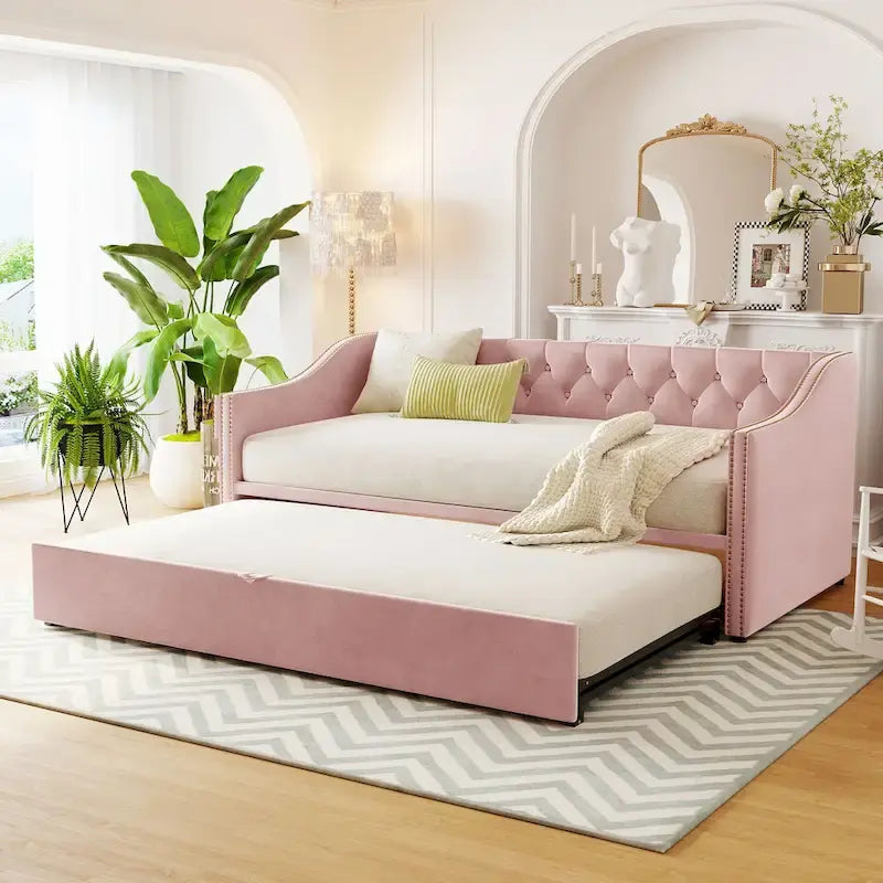 Podwójne tapicerowane łóżko-sofa z wysuwanym stelażem, szare