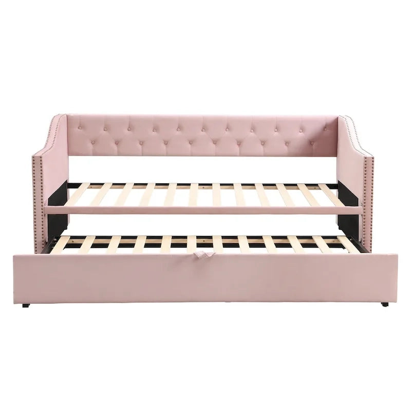 Podwójne tapicerowane łóżko-sofa z wysuwanym stelażem, szare