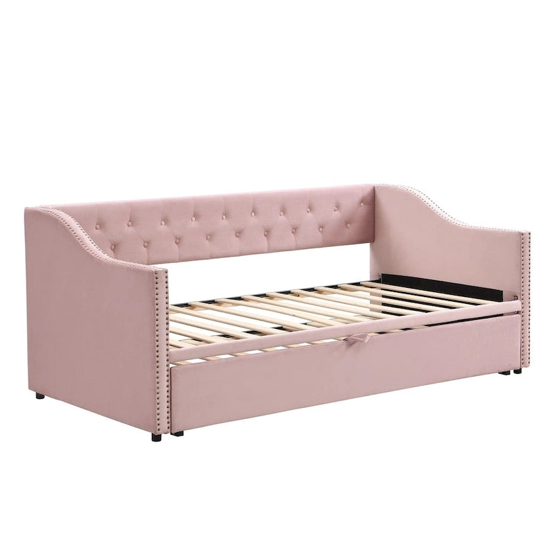 Podwójne tapicerowane łóżko-sofa z wysuwanym stelażem, szare
