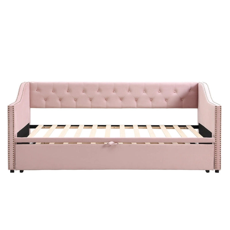 Podwójne tapicerowane łóżko-sofa z wysuwanym stelażem, szare
