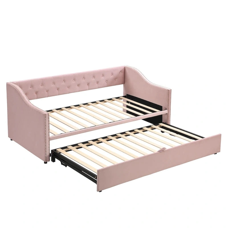 Podwójne tapicerowane łóżko-sofa z wysuwanym stelażem, szare