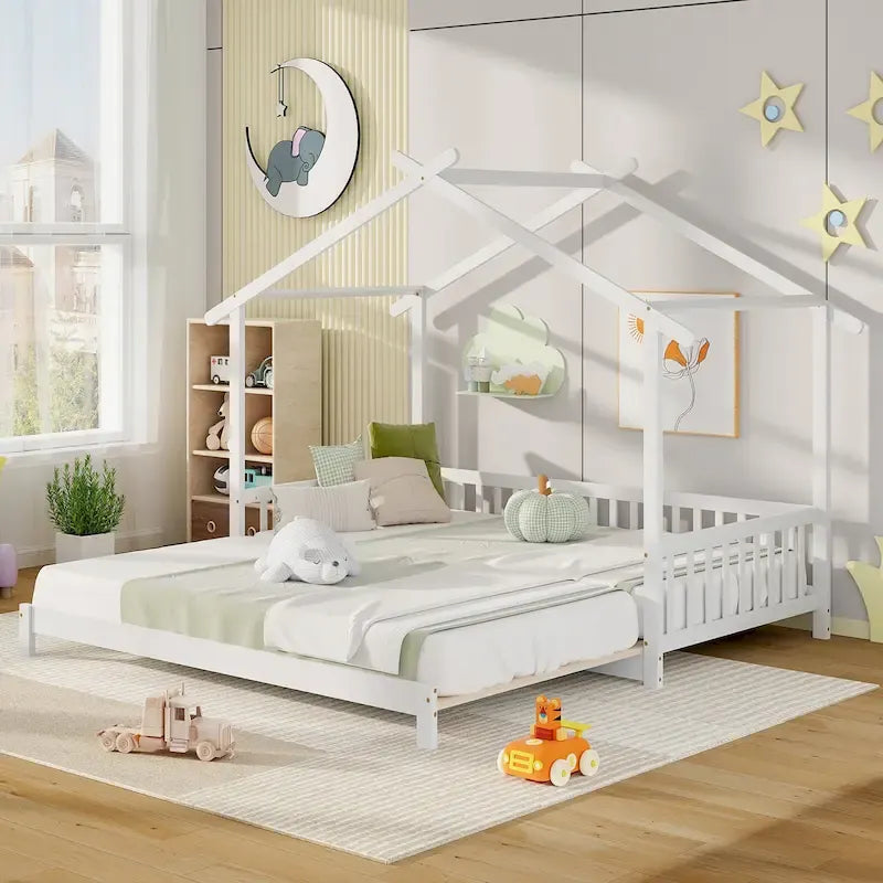 Gymax drewniane łóżko domek, podwójne łóżko typu daybed, rozkładane do rozmiaru king, z barierkami bezpieczeństwa i możliwością dekoracji