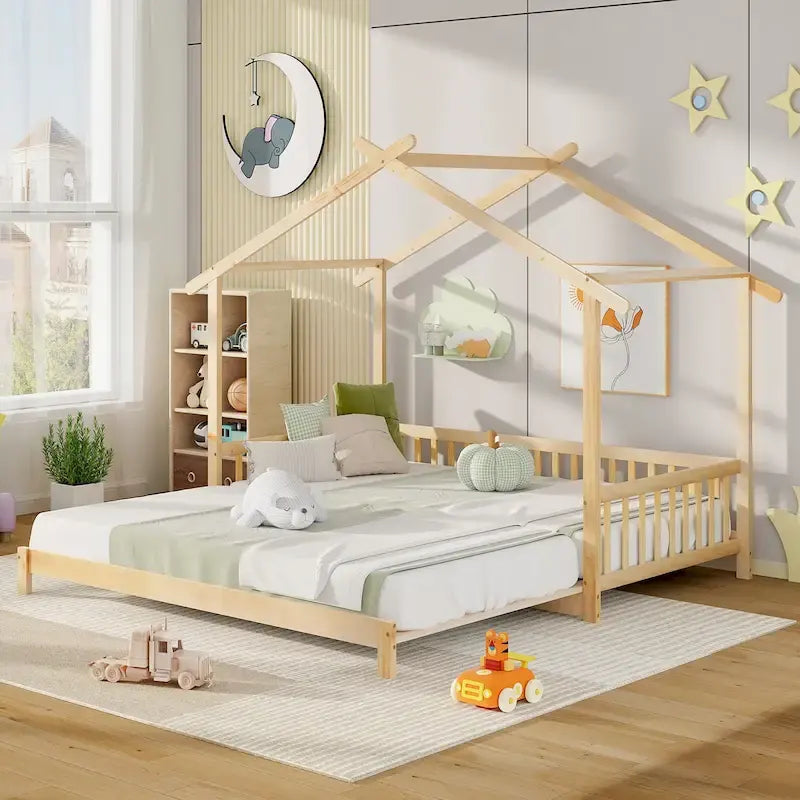 Gymax drewniane łóżko domek, podwójne łóżko typu daybed, rozkładane do rozmiaru king, z barierkami bezpieczeństwa i możliwością dekoracji