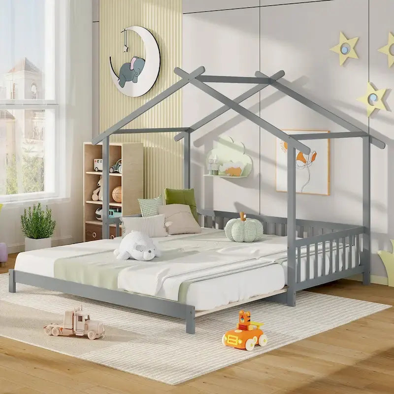 Gymax drewniane łóżko domek, podwójne łóżko typu daybed, rozkładane do rozmiaru king, z barierkami bezpieczeństwa i możliwością dekoracji