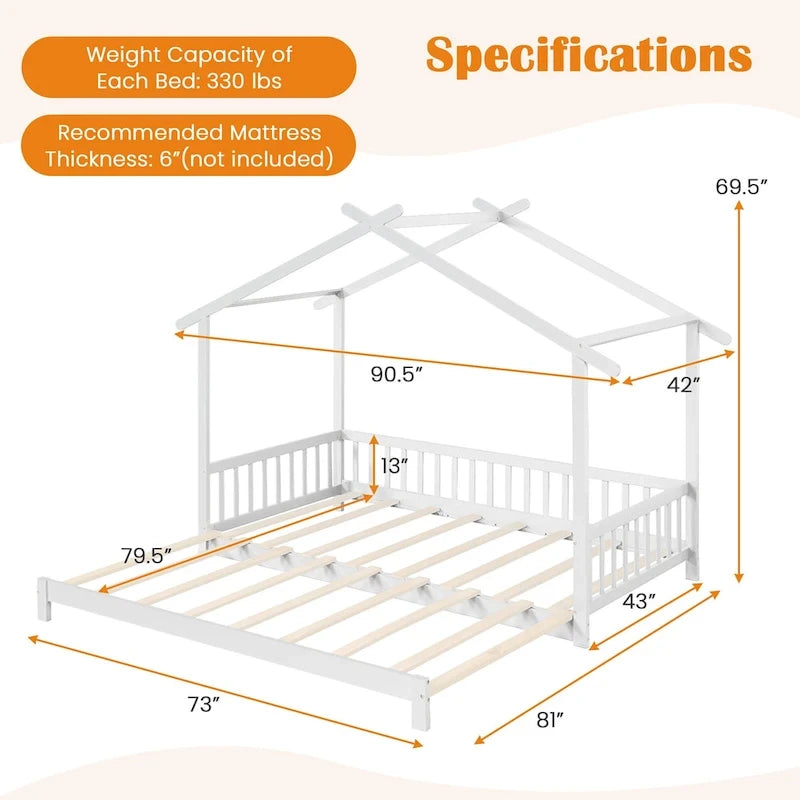 Gymax drewniane łóżko domek, podwójne łóżko typu daybed, rozkładane do rozmiaru king, z barierkami bezpieczeństwa i możliwością dekoracji