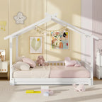 Gymax drewniane łóżko domek, podwójne łóżko typu daybed, rozkładane do rozmiaru king, z barierkami bezpieczeństwa i możliwością dekoracji