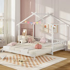 Gymax drewniane łóżko domek, podwójne łóżko typu daybed, rozkładane do rozmiaru king, z barierkami bezpieczeństwa i możliwością dekoracji