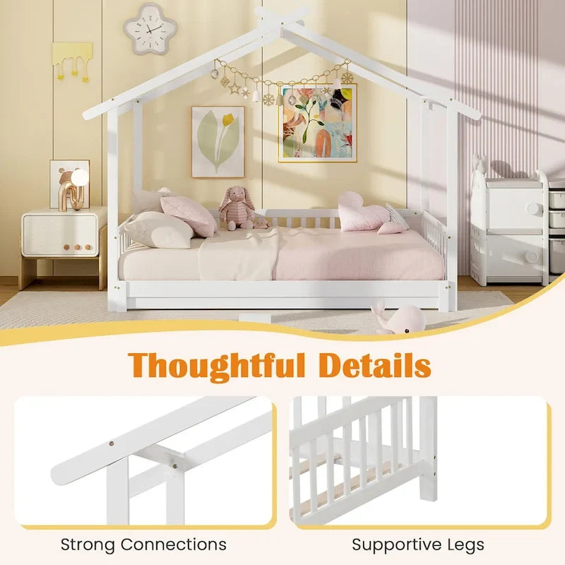 Gymax drewniane łóżko domek, podwójne łóżko typu daybed, rozkładane do rozmiaru king, z barierkami bezpieczeństwa i możliwością dekoracji