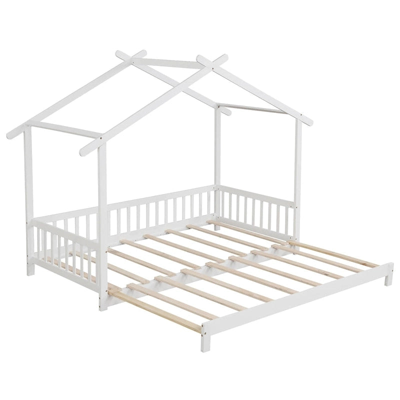 Gymax drewniane łóżko domek, podwójne łóżko typu daybed, rozkładane do rozmiaru king, z barierkami bezpieczeństwa i możliwością dekoracji