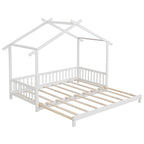 Gymax drewniane łóżko domek, podwójne łóżko typu daybed, rozkładane do rozmiaru king, z barierkami bezpieczeństwa i możliwością dekoracji