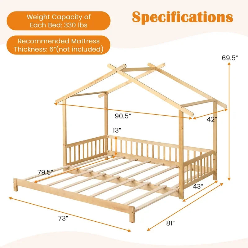 Gymax drewniane łóżko domek, podwójne łóżko typu daybed, rozkładane do rozmiaru king, z barierkami bezpieczeństwa i możliwością dekoracji