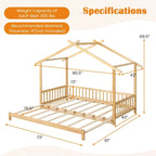 Gymax drewniane łóżko domek, podwójne łóżko typu daybed, rozkładane do rozmiaru king, z barierkami bezpieczeństwa i możliwością dekoracji