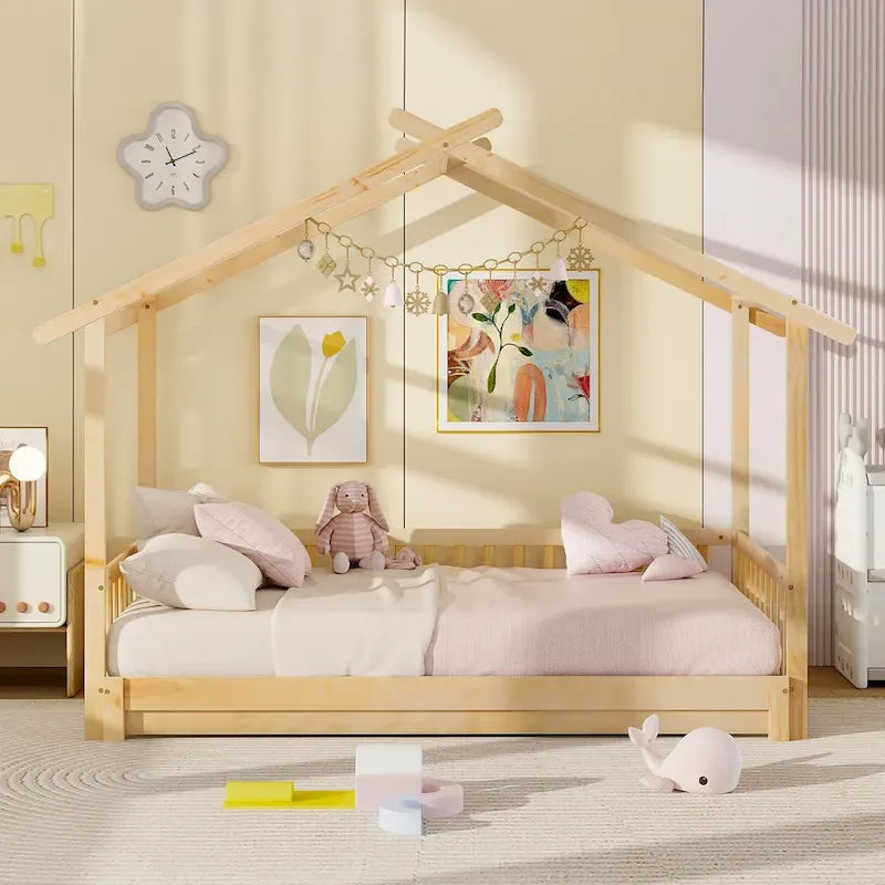 Gymax drewniane łóżko domek, podwójne łóżko typu daybed, rozkładane do rozmiaru king, z barierkami bezpieczeństwa i możliwością dekoracji