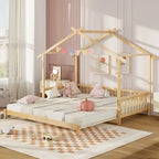 Gymax drewniane łóżko domek, podwójne łóżko typu daybed, rozkładane do rozmiaru king, z barierkami bezpieczeństwa i możliwością dekoracji