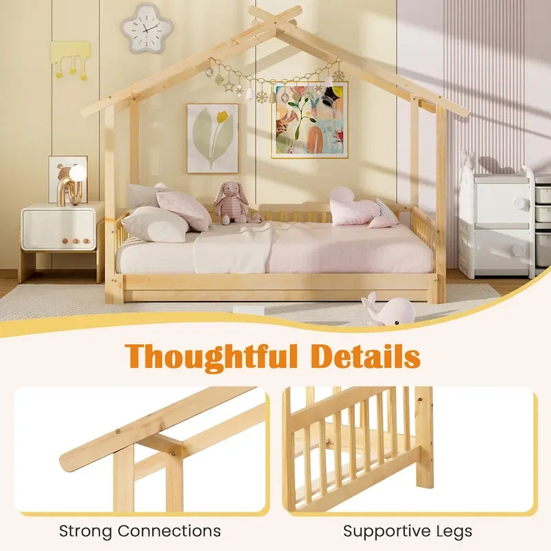 Gymax drewniane łóżko domek, podwójne łóżko typu daybed, rozkładane do rozmiaru king, z barierkami bezpieczeństwa i możliwością dekoracji