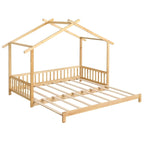 Gymax drewniane łóżko domek, podwójne łóżko typu daybed, rozkładane do rozmiaru king, z barierkami bezpieczeństwa i możliwością dekoracji