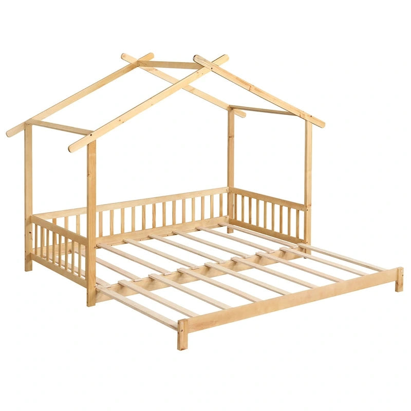 Gymax drewniane łóżko domek, podwójne łóżko typu daybed, rozkładane do rozmiaru king, z barierkami bezpieczeństwa i możliwością dekoracji