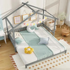 Gymax drewniane łóżko domek, podwójne łóżko typu daybed, rozkładane do rozmiaru king, z barierkami bezpieczeństwa i możliwością dekoracji