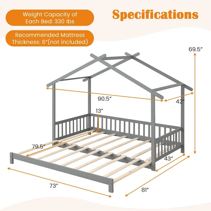 Gymax drewniane łóżko domek, podwójne łóżko typu daybed, rozkładane do rozmiaru king, z barierkami bezpieczeństwa i możliwością dekoracji