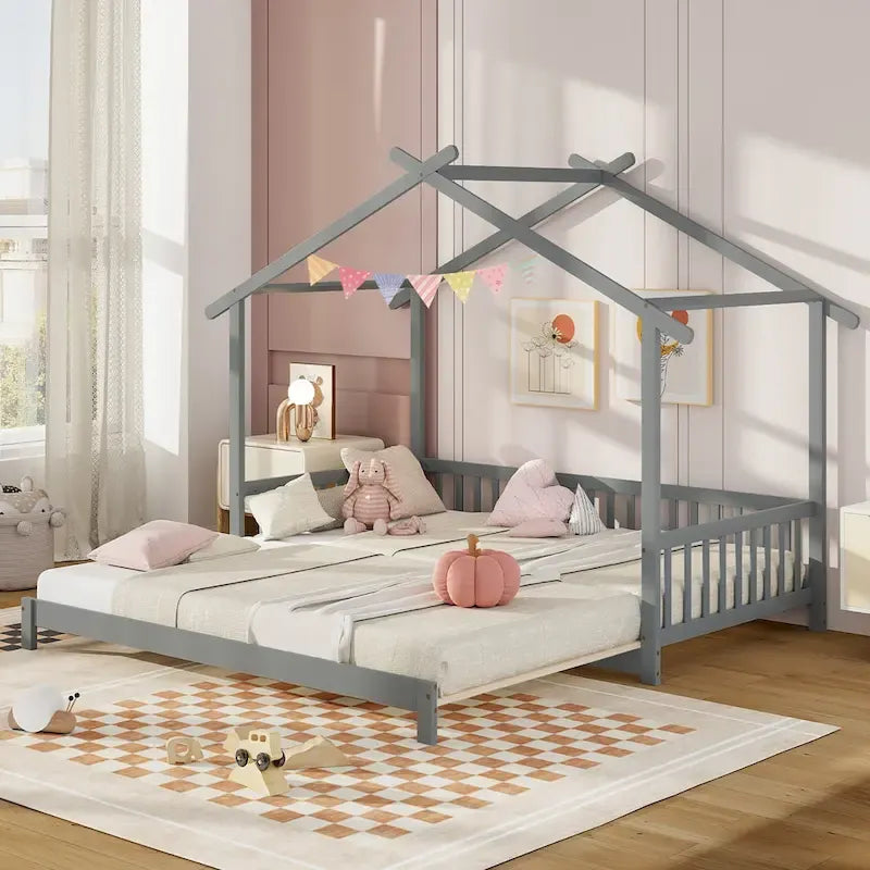 Gymax drewniane łóżko domek, podwójne łóżko typu daybed, rozkładane do rozmiaru king, z barierkami bezpieczeństwa i możliwością dekoracji
