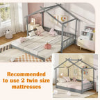 Gymax drewniane łóżko domek, podwójne łóżko typu daybed, rozkładane do rozmiaru king, z barierkami bezpieczeństwa i możliwością dekoracji