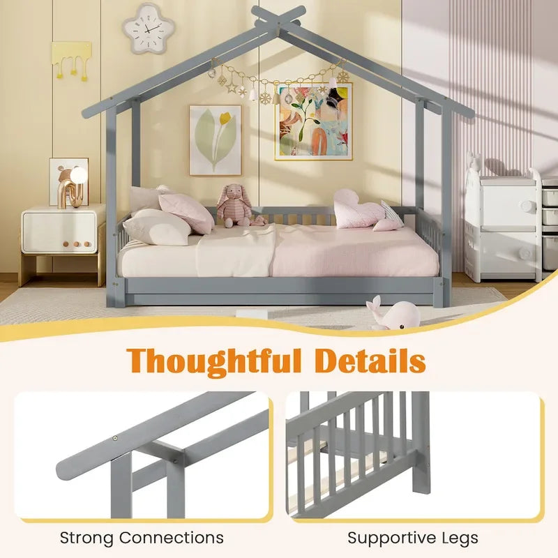 Gymax drewniane łóżko domek, podwójne łóżko typu daybed, rozkładane do rozmiaru king, z barierkami bezpieczeństwa i możliwością dekoracji