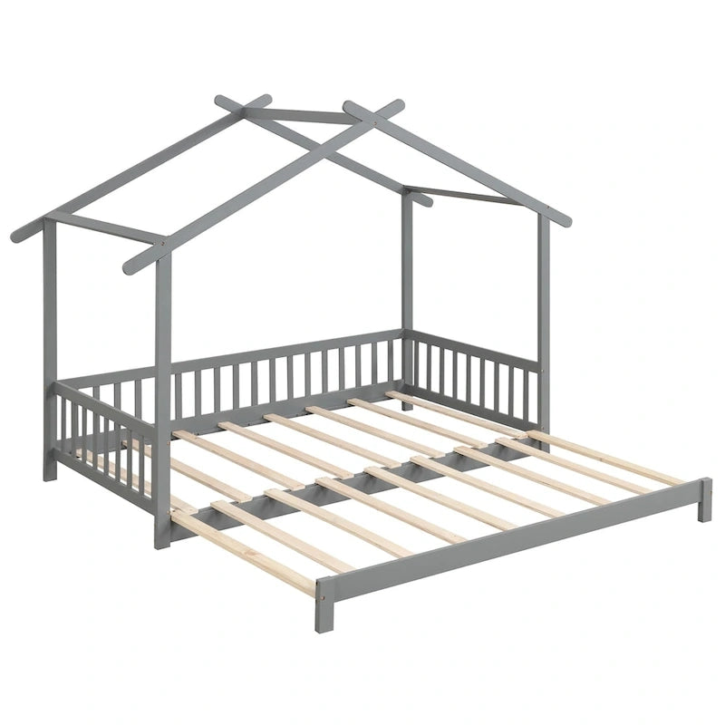 Gymax drewniane łóżko domek, podwójne łóżko typu daybed, rozkładane do rozmiaru king, z barierkami bezpieczeństwa i możliwością dekoracji