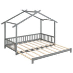 Gymax drewniane łóżko domek, podwójne łóżko typu daybed, rozkładane do rozmiaru king, z barierkami bezpieczeństwa i możliwością dekoracji