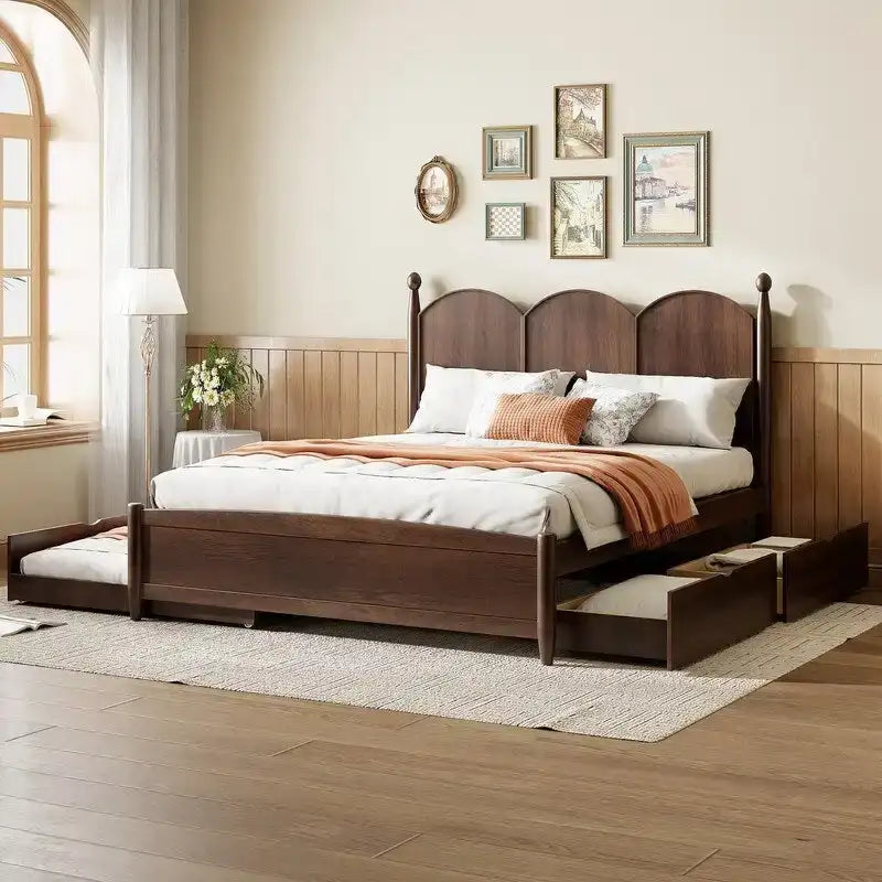 Łóżko tapicerowane typu Queen Size z zagłówkiem w stylu vintage, wielofunkcyjna rama łóżka z szufladą wysuwaną Twin XL i 2 szufladami