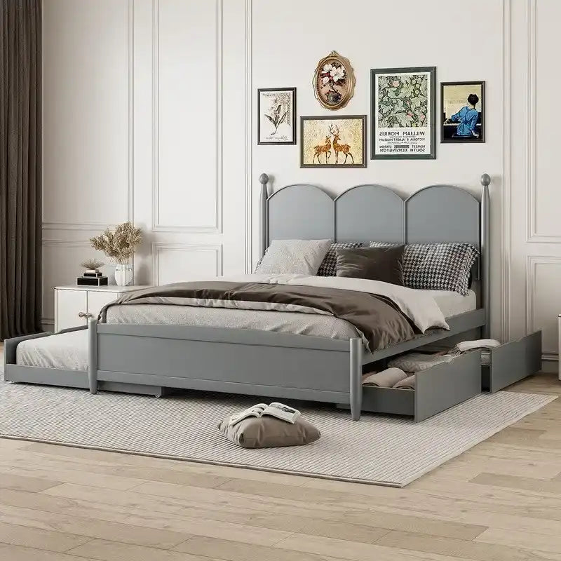 Łóżko tapicerowane typu Queen Size z zagłówkiem w stylu vintage, wielofunkcyjna rama łóżka z szufladą wysuwaną Twin XL i 2 szufladami