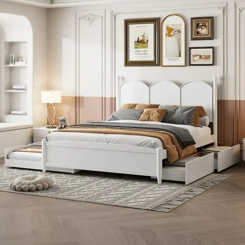 Łóżko tapicerowane typu Queen Size z zagłówkiem w stylu vintage, wielofunkcyjna rama łóżka z szufladą wysuwaną Twin XL i 2 szufladami