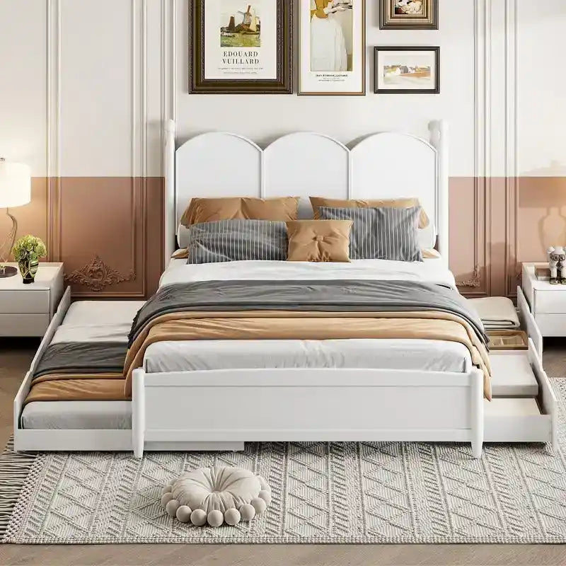 Łóżko tapicerowane typu Queen Size z zagłówkiem w stylu vintage, wielofunkcyjna rama łóżka z szufladą wysuwaną Twin XL i 2 szufladami