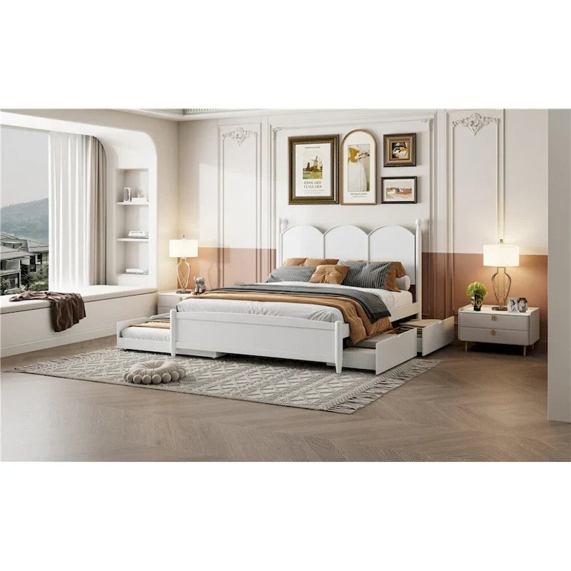 Łóżko tapicerowane typu Queen Size z zagłówkiem w stylu vintage, wielofunkcyjna rama łóżka z szufladą wysuwaną Twin XL i 2 szufladami