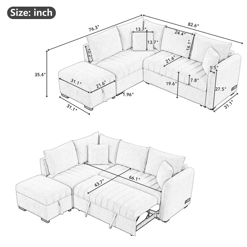 Narożna sofa w kształcie litery L z rozkładanym łóżkiem, wielofunkcyjna do salonu