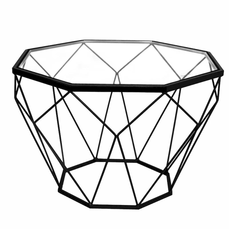 Nowoczesny ośmiokątny stolik kawowy 22", blat ze szkła hartowanego i geometryczna metalowa podstawa