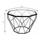 Nowoczesny ośmiokątny stolik kawowy 22", blat ze szkła hartowanego i geometryczna metalowa podstawa