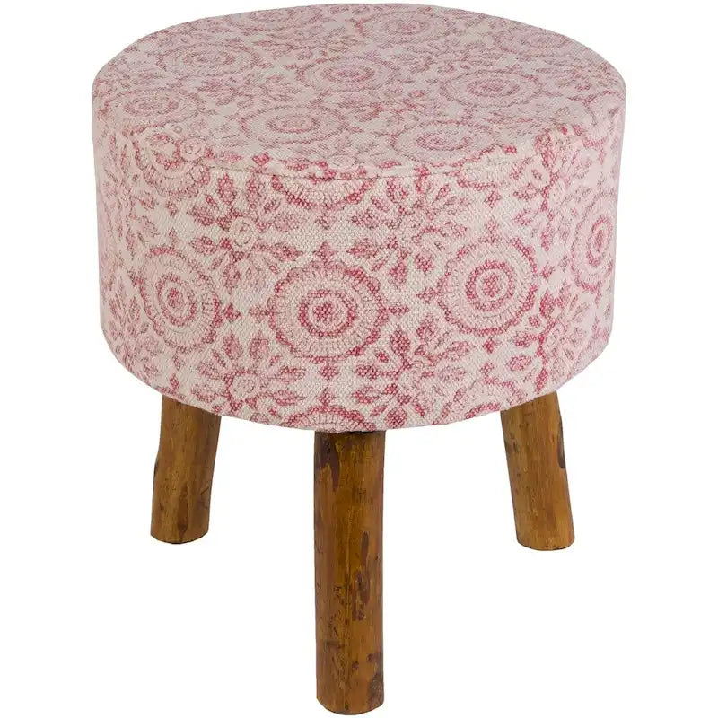 Różowy drewniany taboret akcentowy w stylu boho, ręcznie wykonany stolik dekoracyjny, salon