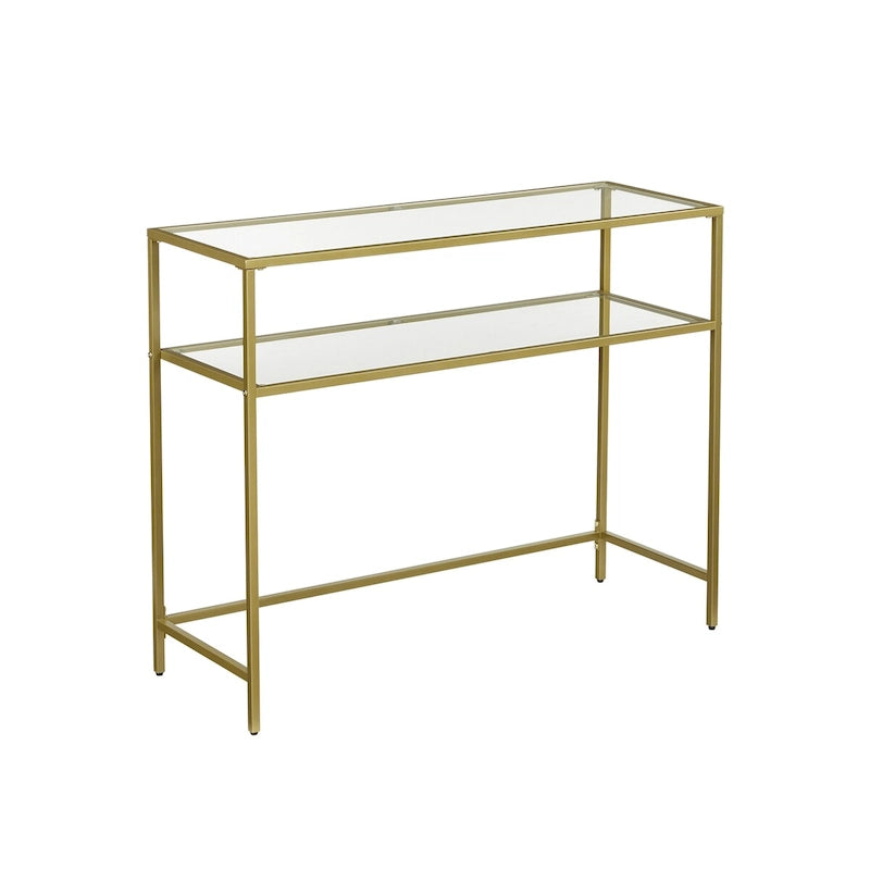 Konsola ze szklanym blatem z hartowanego szkła, metalową ramą i 2 półkami, złota - 100 dł. x 35 szer. x 80 wys. cm