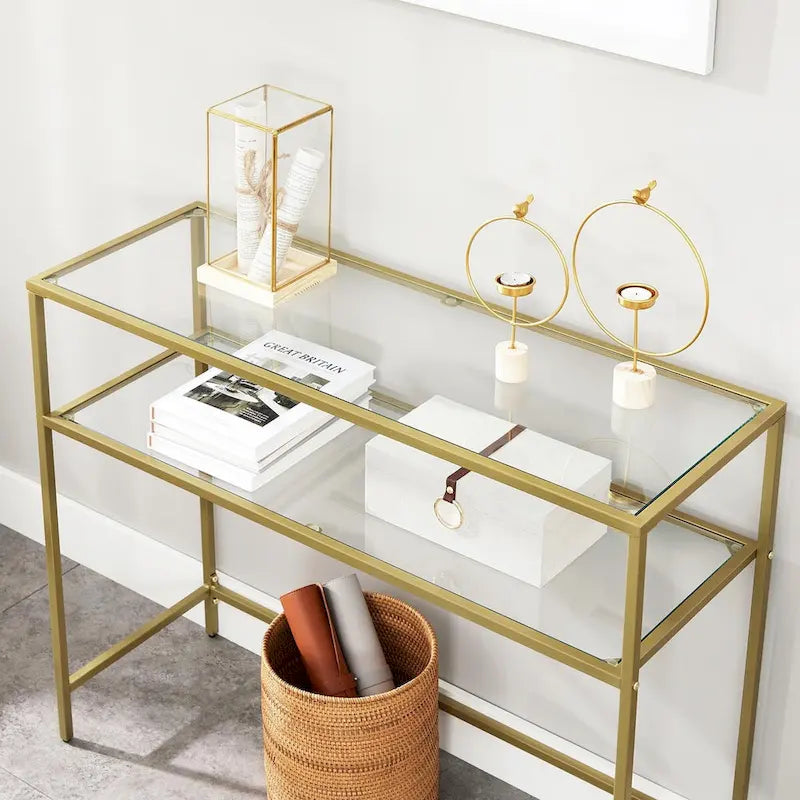 Konsola ze szklanym blatem z hartowanego szkła, metalową ramą i 2 półkami, złota - 100 dł. x 35 szer. x 80 wys. cm